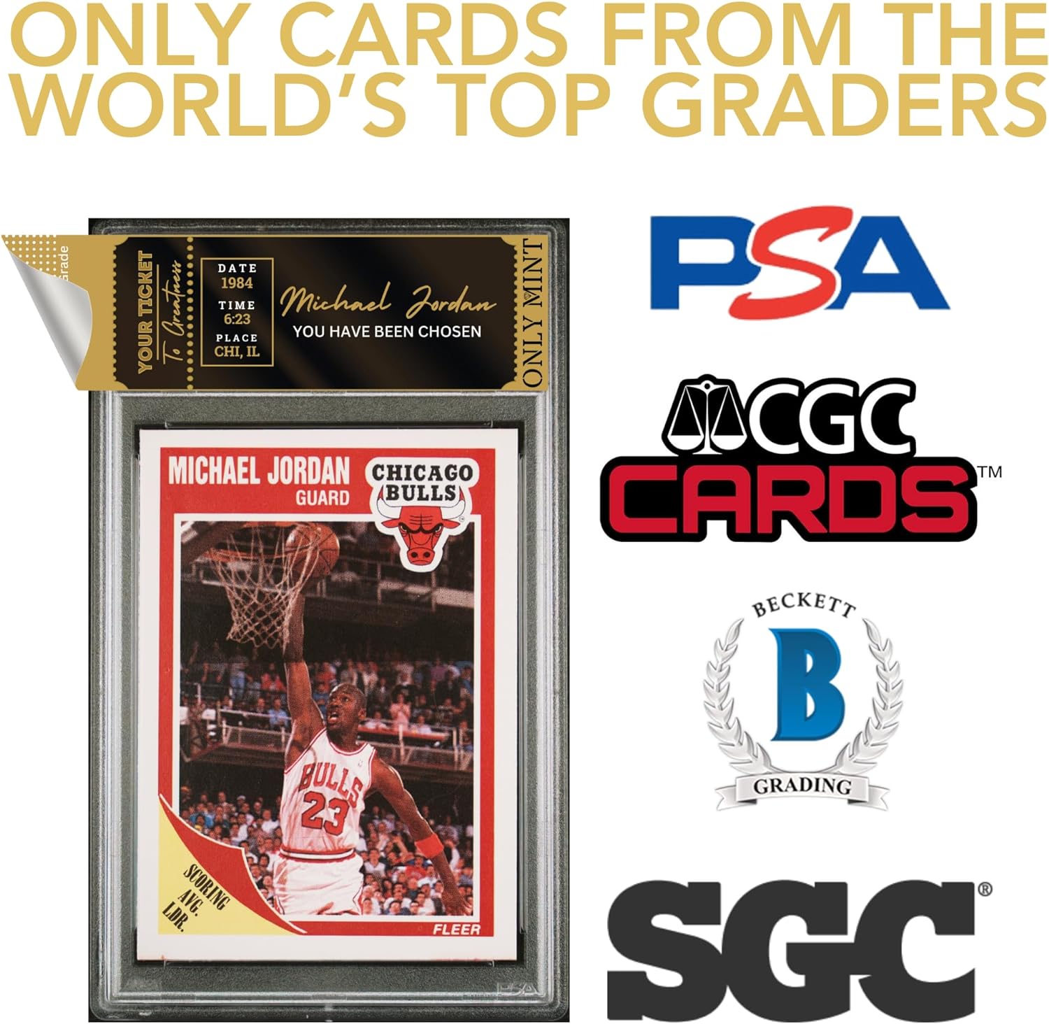 Ultimate Guaranteed Graded Mint 8-10 Michael Jordan Graded Card Mystery Booster Pack 8-10 Air Jordan in Every Pack | Basketball Card Grade by PSA BGS SGC CSG | Blind Bag Contains 1 Graded MJ