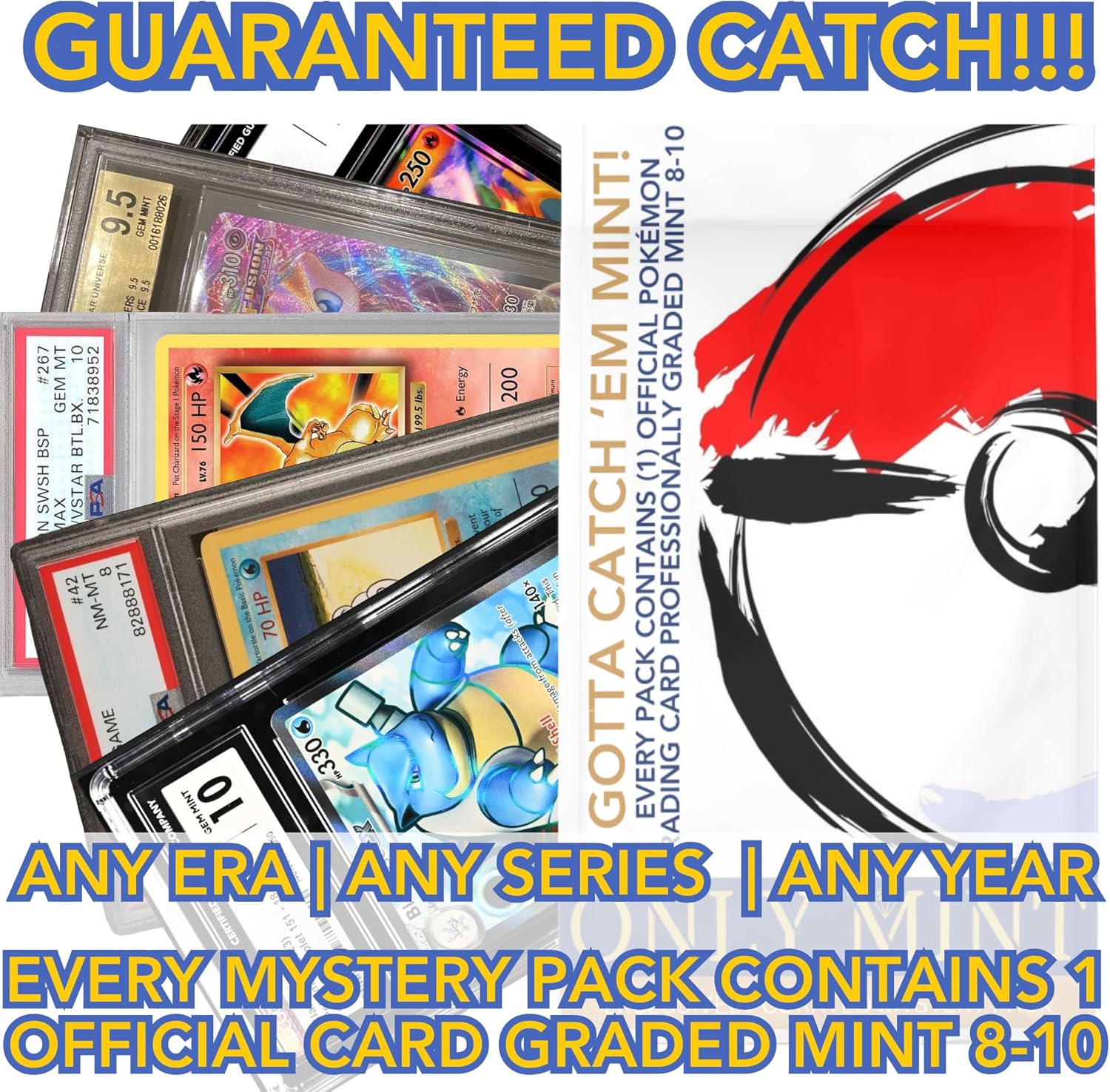 Ultimate Guaranteed One 8-10 Mint Grade Pokémon Card | Graded Trading Card Mystery Contents: (1) Graded Card in Each Pack TCG Game Card Graded by PSA CGC SGC Blind Bag Booster Official Card