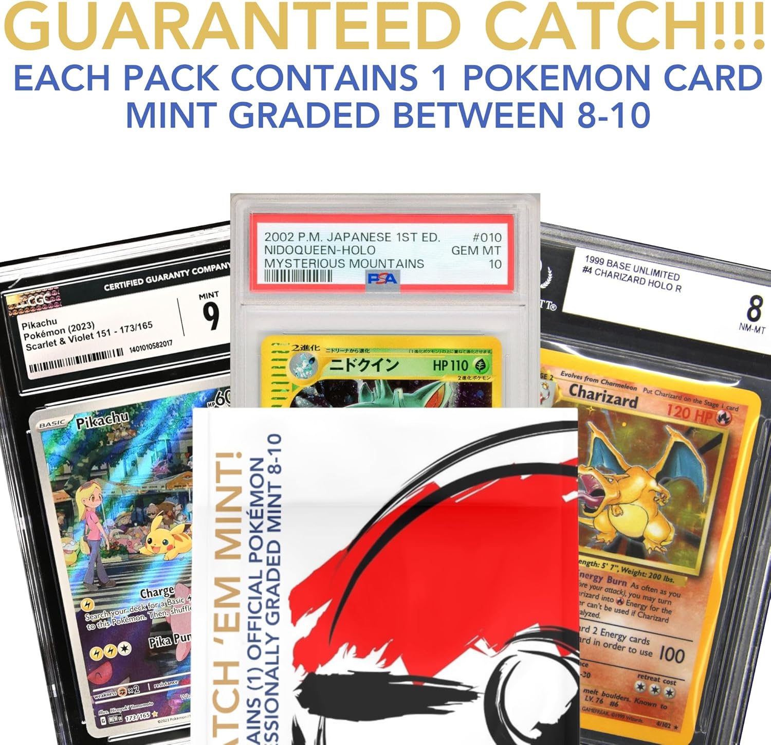 Ultimate Guaranteed One 8-10 Mint Grade Pokémon Card | Graded Trading Card Mystery Contents: (1) Graded Card in Each Pack TCG Game Card Graded by PSA CGC SGC Blind Bag Booster Official Card